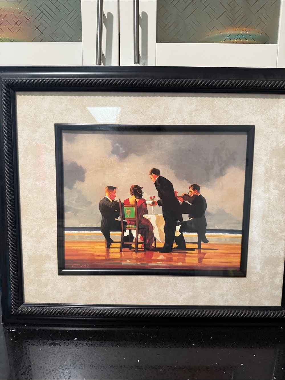 Framed Seaside Dinner Print - Black Frame, Beige Mat